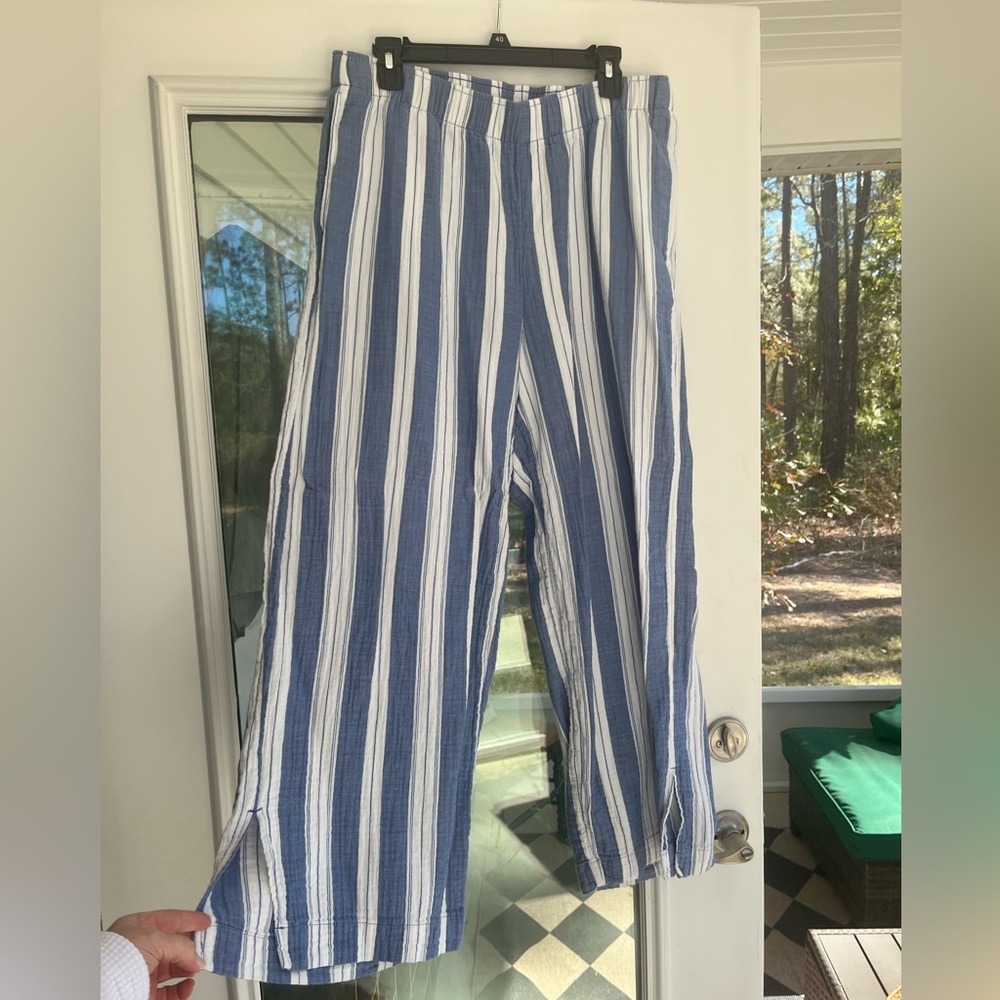 Old Navy Blue White Striped Wide Leg Pants Pockets Size L